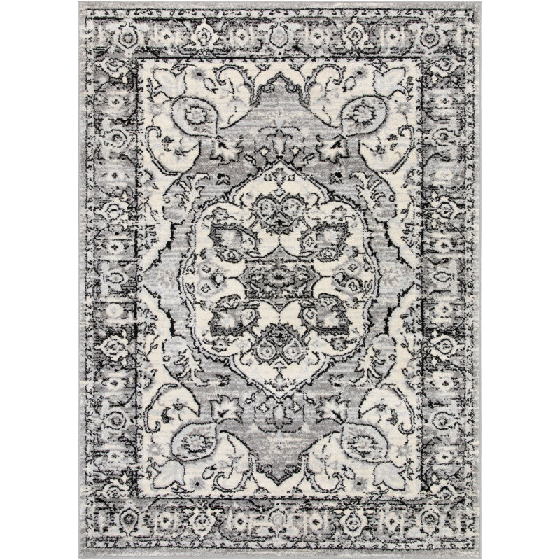 Espitia Arctic Bloom Medallion Oriental Ivory Grey Area Rug, Rectangle 5'3" x 7'