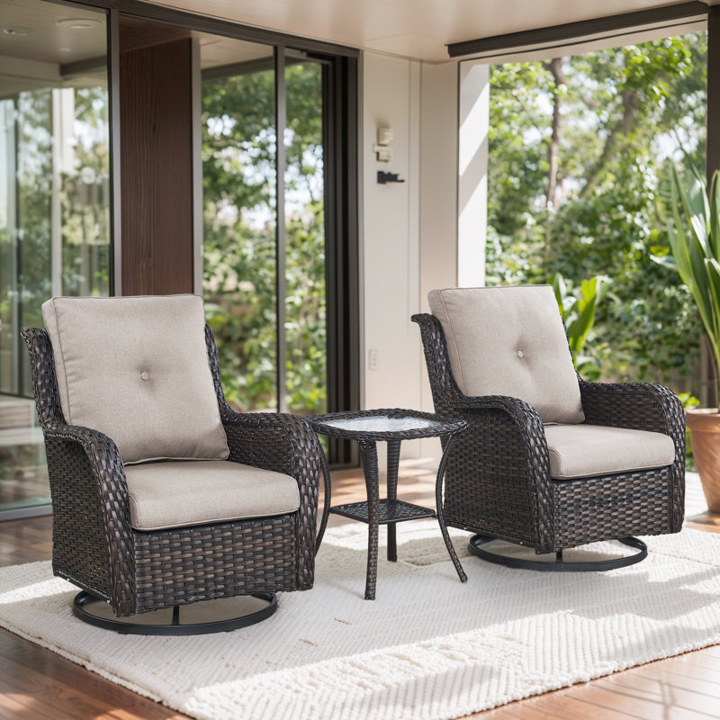 Ensemble de fauteuil oscillant et table d'appoint en osier Wendye avec coussins en oléfine résistants à l'eau, Beige, Brun