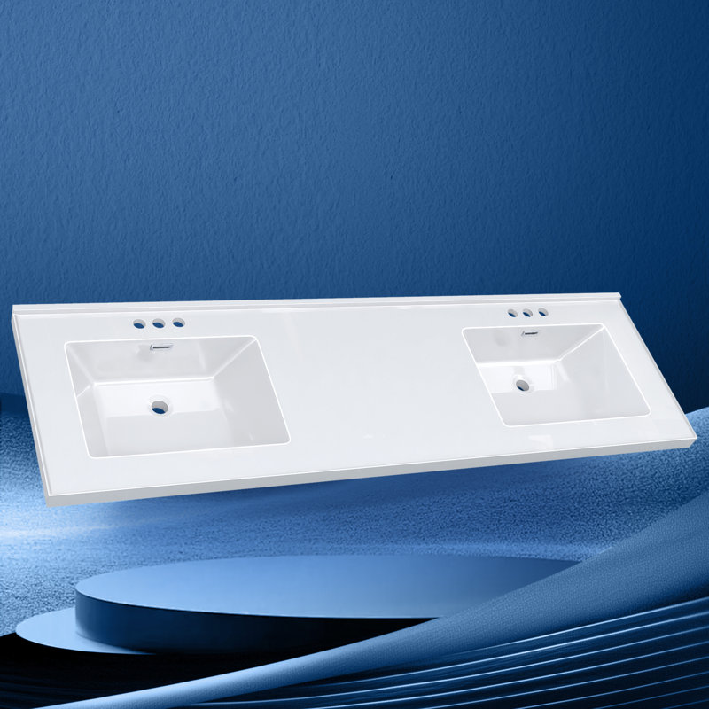 72 In. W X 22 In. D Solid Surface White Rectangular Double Sink Vanity Top With Backsplash Basin Bathroom Countertop