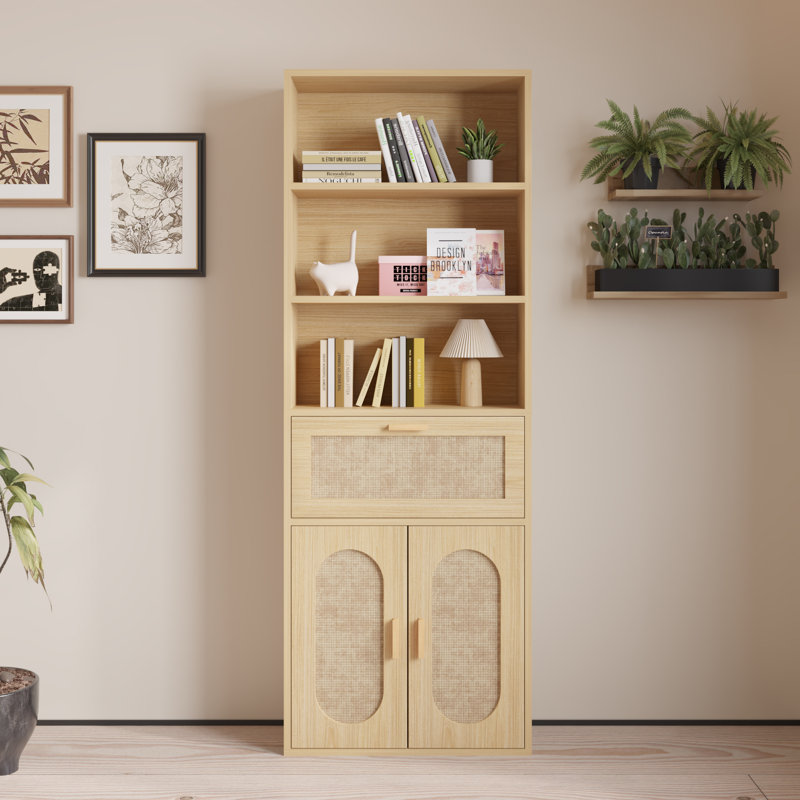 Vitrine en rotin brun clair avec 3 couches, 1 tiroir, 2 portes, H 70,86 po