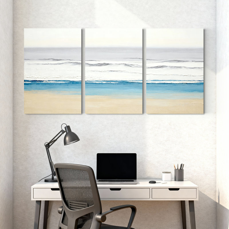 Ensemble de 3 toiles murales représentant une scène de plage et de vagues océaniques, H 30 po x l 60 po