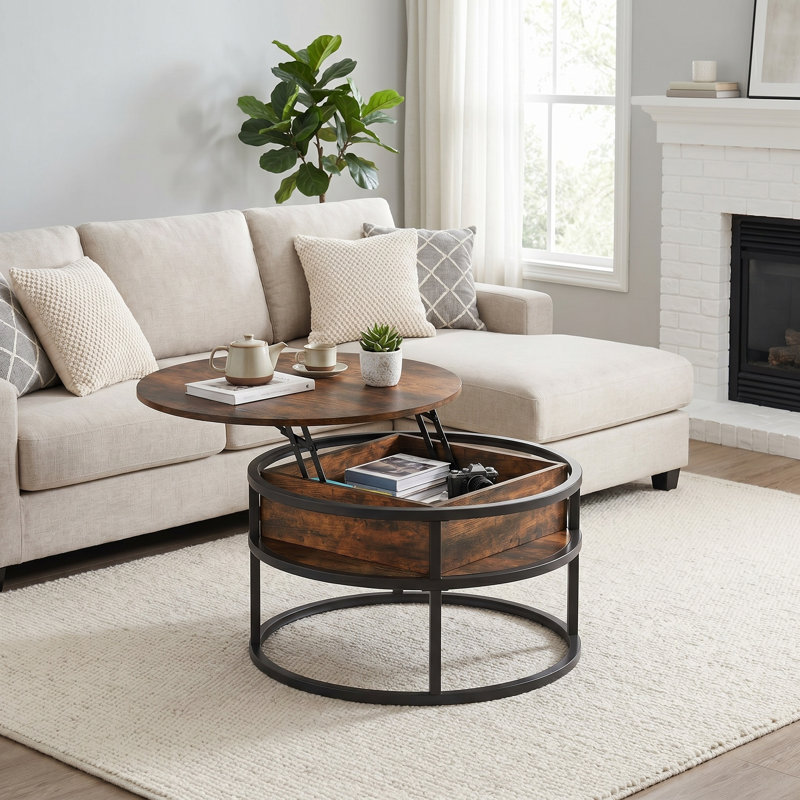 Lift Top Round Coffee Table with Storage, Brown Wood, Black, Wood