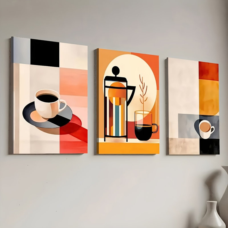 «Coffee Utensil», reproduction géométrique sur toile 3 pièces pour la cuisine artistique, 30 * 20 pouces 3 pièces