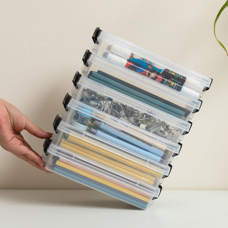 6 Pack Transparent Plastic Pencil Box With Locking Lid Stackable Office Supplies Storage Box