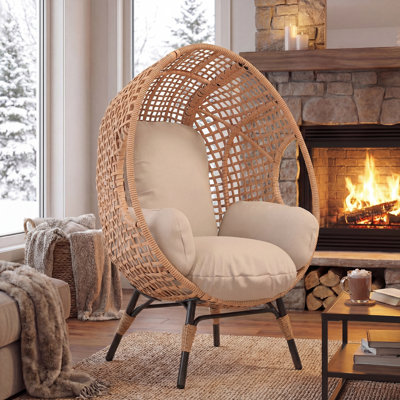 All-Weather Oversized Wicker Egg Chair, Outdoor Indoor Rattan Patio Egg Lounge Chairs With Cushion