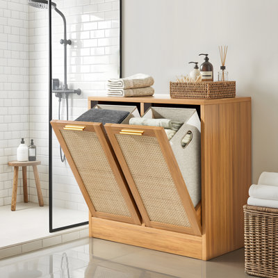  Laundry Cabinet, Bathroom Cabinet with with Breathable Real Rattan Design, Clothes Storge Basket with 2 Removable Laundry Baskets, Bathroom Storage Unit, Anti-tip, 66 x 39,5 x 68 cm, Natural