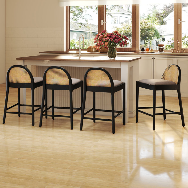 Modern Bar Stools Upholstered Counter Stools With Rattan Backrests And Wood Legs Kitchen Stools For Island, Black/Light Gray