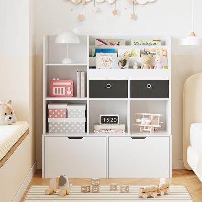 Bibliothèque pour enfants avec rangement pour jouets 47,8 po, bibliothèque moderne en bois avec casiers et armoire de rangement, coffre à jouets pour salle de jeux, salle de classe, chambre de bébé, chambre d'enfant