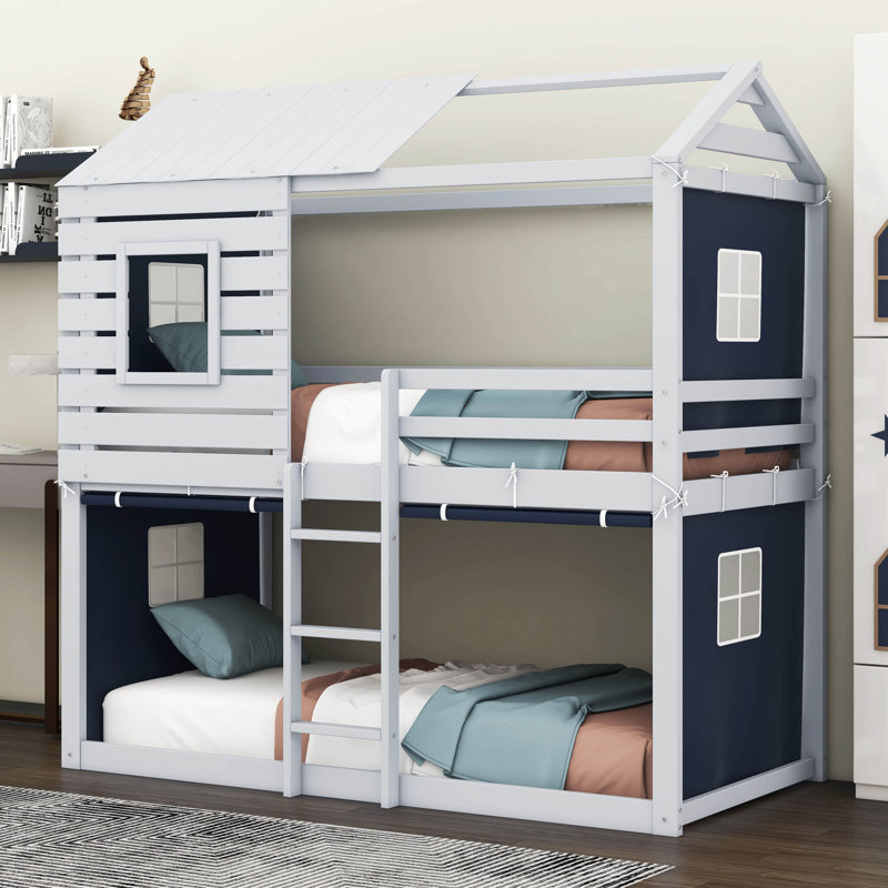 Yaraghi Bunk Wood House Bed with Tent, Twin Over Twin, Blue/White