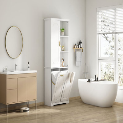 Grande armoire de rangement autoportante de 68 po avec 2 paniers à linge inclinables, tablettes réglables, porte à fermeture en douceur, organisateur de porte, conception élégante et moderne