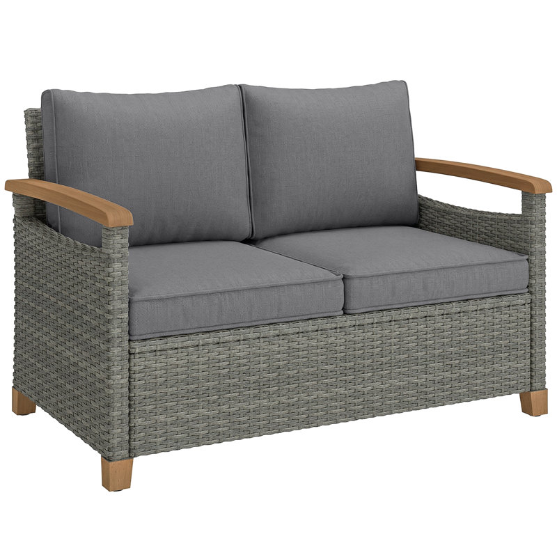 Outsunny 2 Seater Rattan Garden Sofa with Acacia Wood Armrests, Grey Cushion/Grey Frame