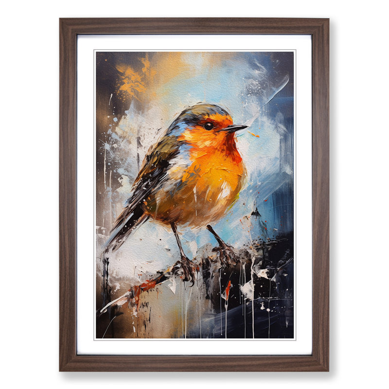 Robin Bird Action Painting - Framed Print, Walnut, 64cm H x 46cm W x 2cm D