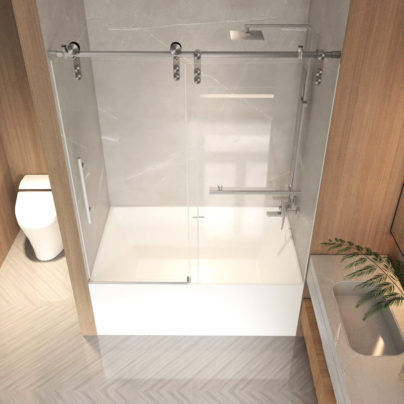 66" H Sliding Tub Shower Door, 5/16"  8Mm  Glass, Stainless Steel Frame In Brushed Nickel, Adjustable Width, Reversible Opening, Waterproof And Shatter- Guide Rod High With Installation, Performance