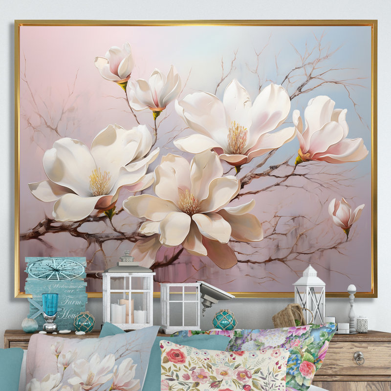 Sérénade de magnolias sur toile, Cadre flottant doré, H 30 po x l 40 po x P 1,5 po