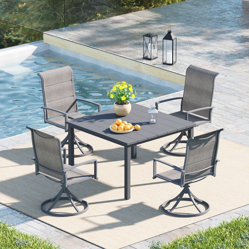 4-Person Patio Dining Set with Square Metal Dining Table and 4 PVC-coated polyester Swivel Chairs , Gray
