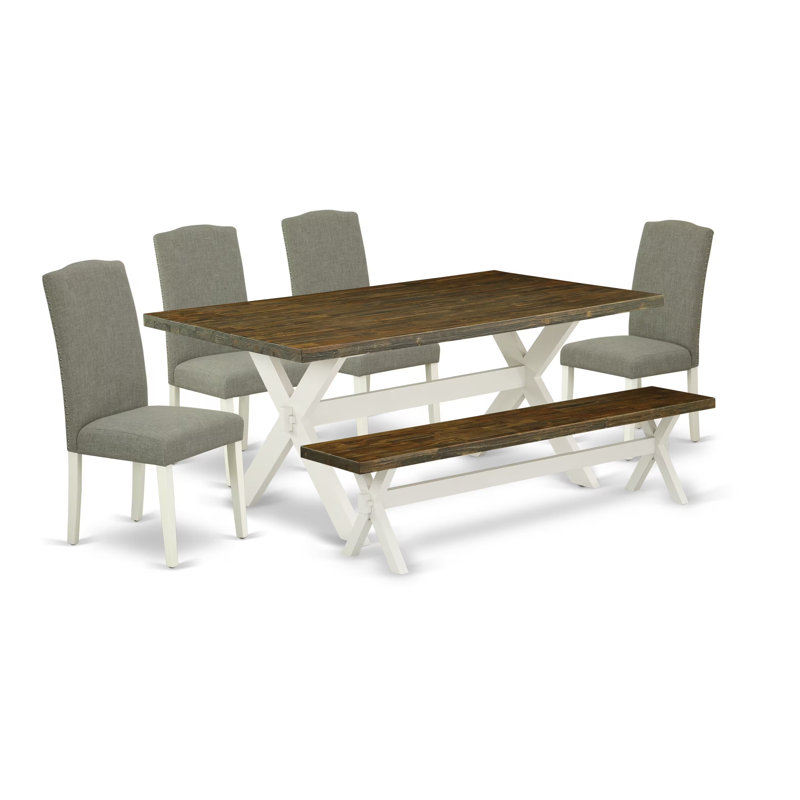 6 Piece Dining Table Set Contains a Rectangle Kitchen Table with X-Legs and 4 Dark Shitake Linen Fabric Parson Chairs with a Bench, Wire Brushed Linen White