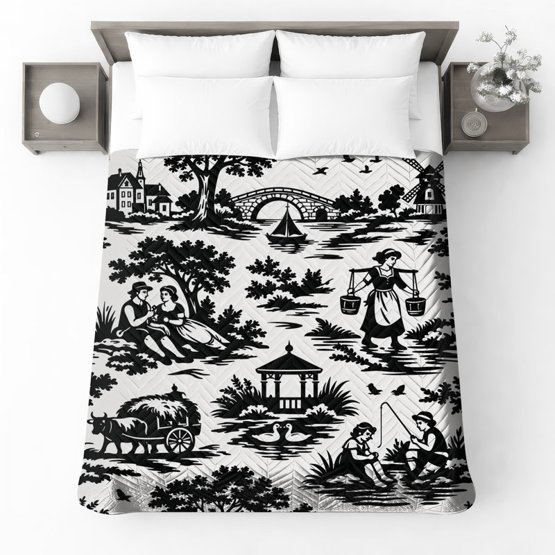 Couvre-lit matelassé noir et blanc, Très grand lit
