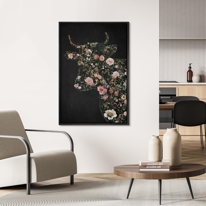 Rose, vert, vache maussade, animal, chic, œuvre d'art moderne, impression sur toile encadrée, Noir, noir, noir, noir