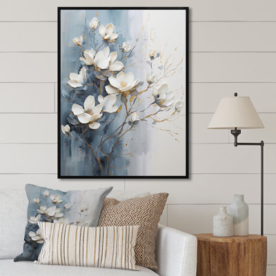 «Magnolias II», art mural bleu et blanc sur toile