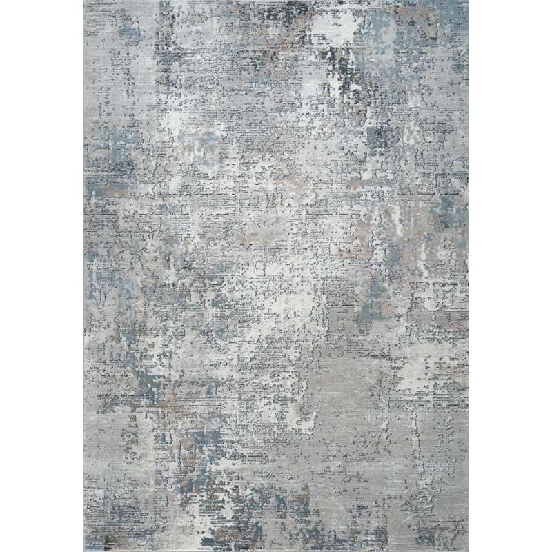 Tapis abstrait en polyester tissé à la machine, aspect vieilli, épaisseur de velours 15-20 mm, Gris / bleu marine