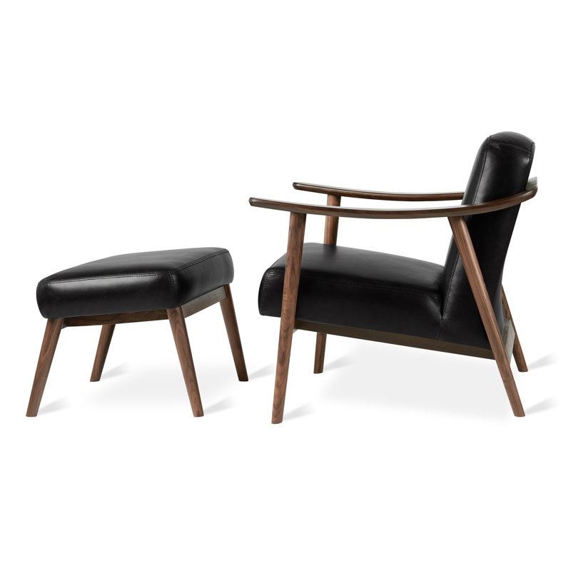 Baltic Armchair with Ottoman, Saddle Black Genuine Leather, Ash Natural