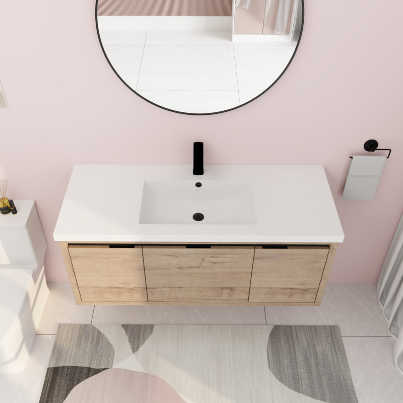 Meuble-lavabo mural simple 46,9 po avec plateau en résine Cortaro, Brun clair