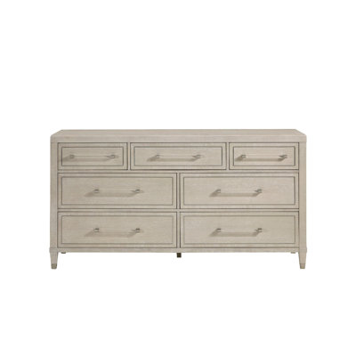 Olto Dresser, 70 Inch, 7 Drawers W Clear Bar Pulls, Light Oak Gray