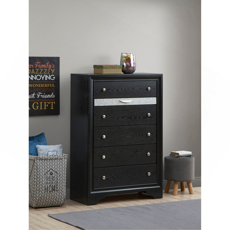 Commode verticale avec panneau décoratif et boutons ronds, Noir