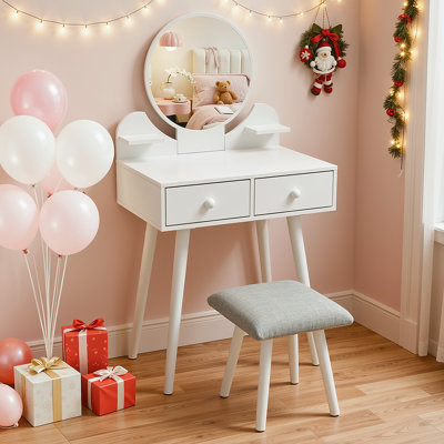 Coiffeuse pour enfants 2 en 1, bureau de maquillage pour tout-petit avec grand miroir et tabouret détachables, tiroirs, jouets de jeu en bois Princess, cadeau idéal pour les petites filles de 3 ans et plus (blanc)