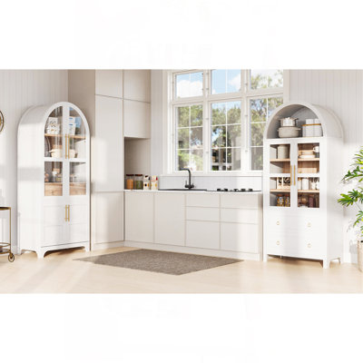 Grand garde-manger arqué de 71 po avec tablettes de porte, armoire de rangement de style campagnard avec tablettes ouvertes et réglables, tiroir caché et porte vitrée, armoire de cuisine, salle à manger, blanc