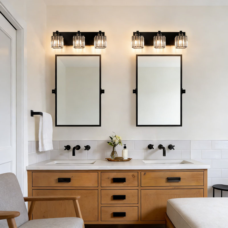 Luminaire de meuble-lavabo de salle de bain moderne à 3 lumières avec accents de cristal - Luminaire carré noir à fixation murale pour miroir - à intensité variable et compatible avec douille E26