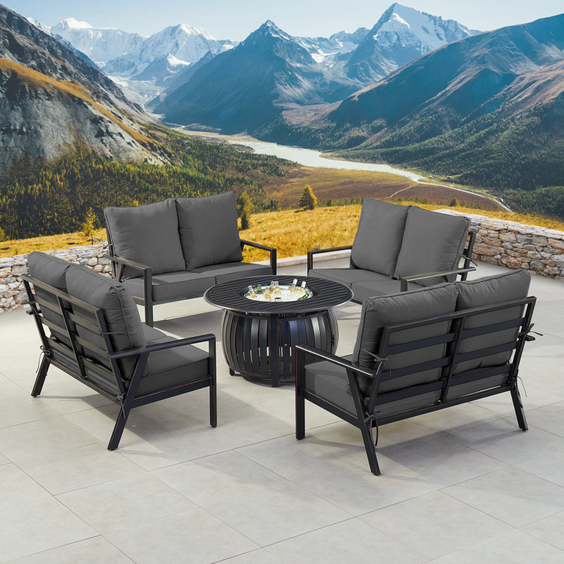 Ensemble de table de foyer en aluminium noir avec quatre causeuses profondes, Noir