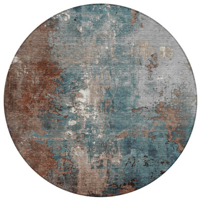 8' Rust And Teal Blue Round Abstract Washable Indoor Outdoor Area Rug