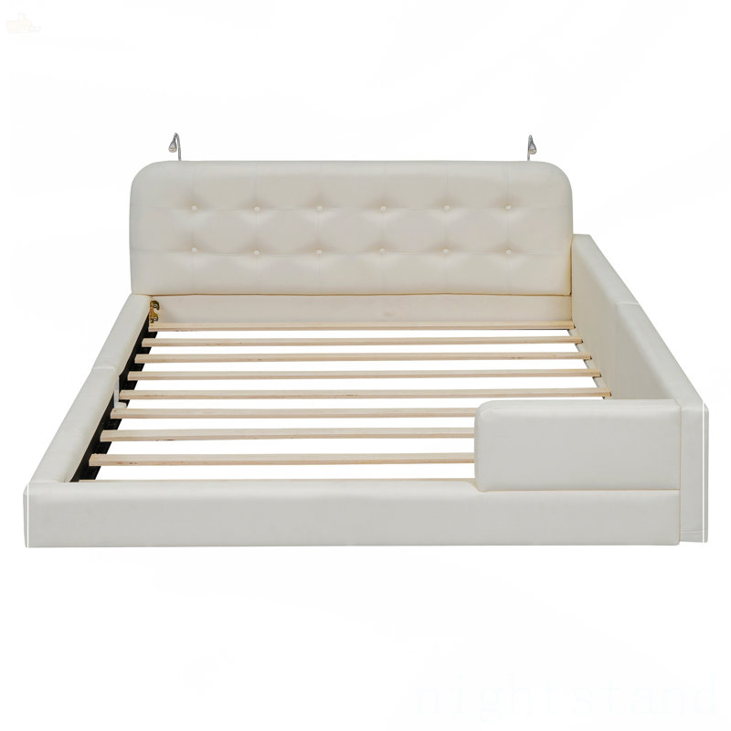Grand lit plateforme tapissier avec 2 lampes de lecture