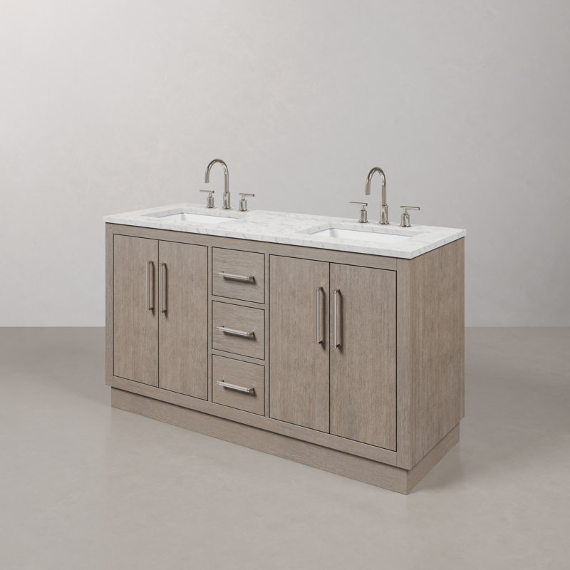 Hugo 60 In. Double Sink Carrara White Marble Countertop Vanity In Grey Oak With Gooseneck Faucets, Chrome