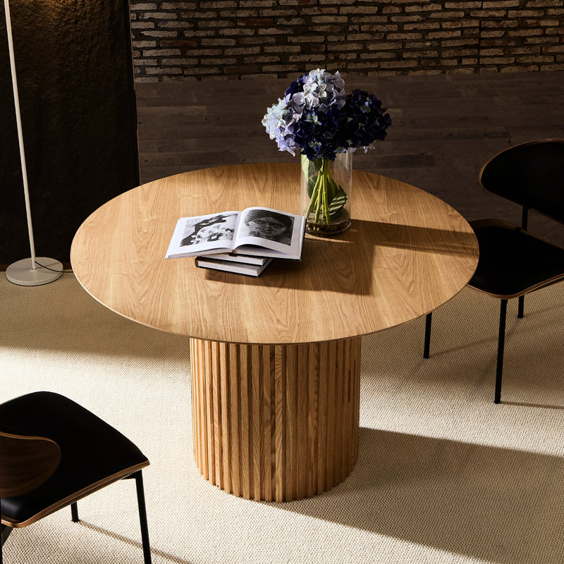 Table de cuisine de style Mid-Century moderne, 47,49 po, finition chêne, facile à nettoyer et pratique, diamètre de salle à manger, fabrication fiable