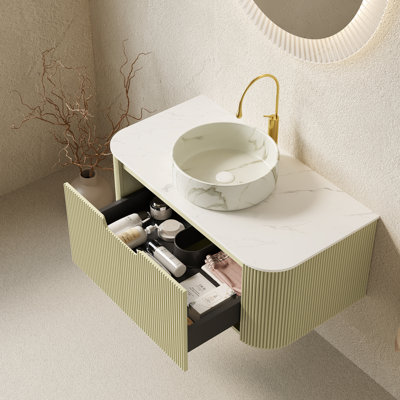36-Inch Floating Bathroom Vanity with Vessel Sink, Sintered Stone Top, Fluted Plywood Cabinet and Drawer