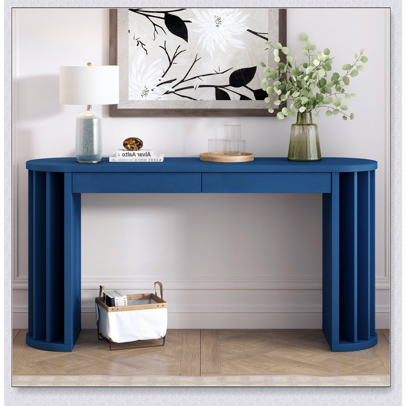 59-Inch Long Console Table With Oak Veneer, Curved And Straight Line Design For Farmhouse Entryway, Hallway, Living Room (Navy Blue)