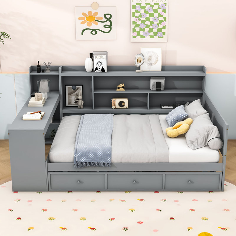Lit de jour en bois 3 tiroirs avec bureau intégré, gris, Lit double