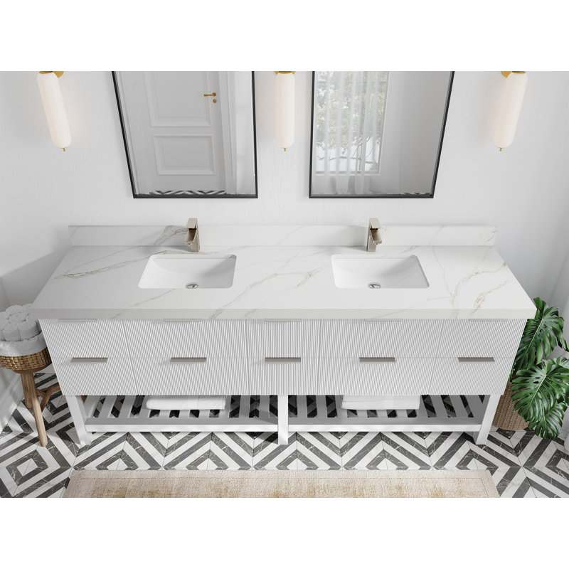 Meuble-lavabo double 84 po avec plateau Catalina, Sienne Calacatta