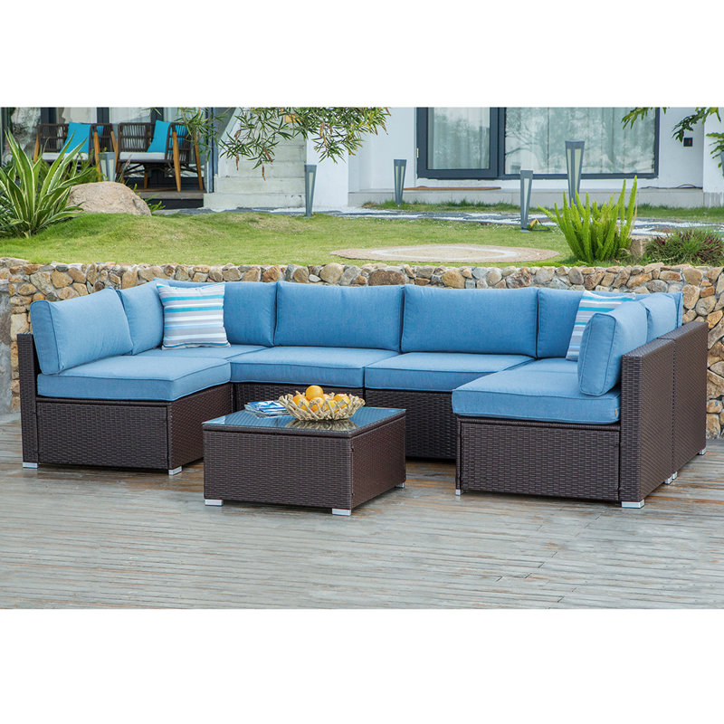 Ensemble de conversation modulaire en rotin 7 pièces avec coussins Genevieve