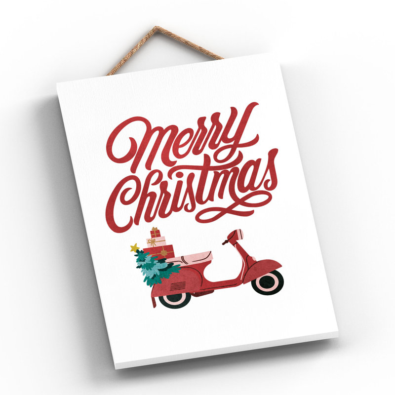 Xmas Merry Christmas Scooter Wooden Plaque, 28.5cm H x 18.5cm W x 0.9cm D