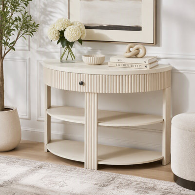 Console demi-lune cannelée avec tiroir et tablettes