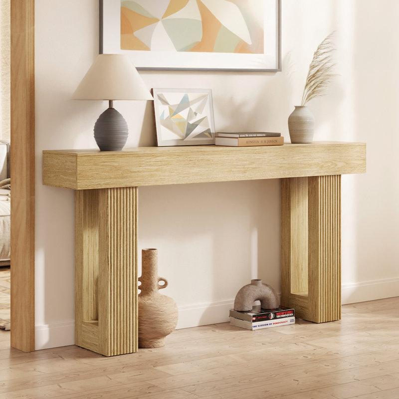 63" Fluted Japandi Console Table In Natural Oak, Sofa & Entryway Table, Natural Wood