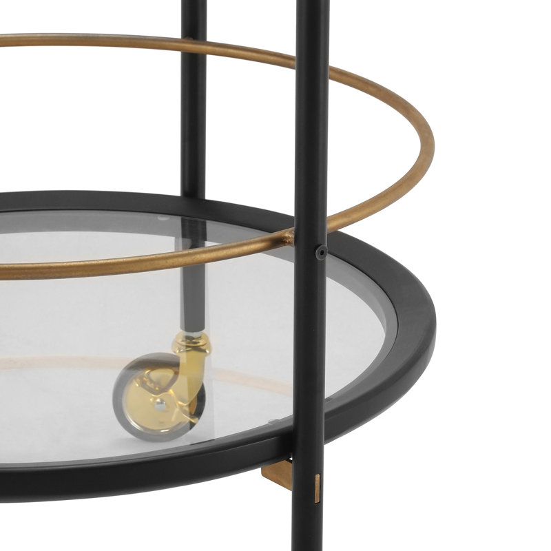 Chariot-bar rond moderne avec tablettes en verre trempé et accents dorés, Noir, or