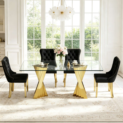 Ensemble de table et chaises de salle à manger de luxe moderne en verre de 178 cm (70 po) pour 4 personnes, comprenant une table de cuisine 5 pièces avec un piètement unique en acier inoxydable doré et 4 chaises de salle à manger rembourrées en velours noir, plateau en verre trempé, résistant aux taches et facile à nettoyer.