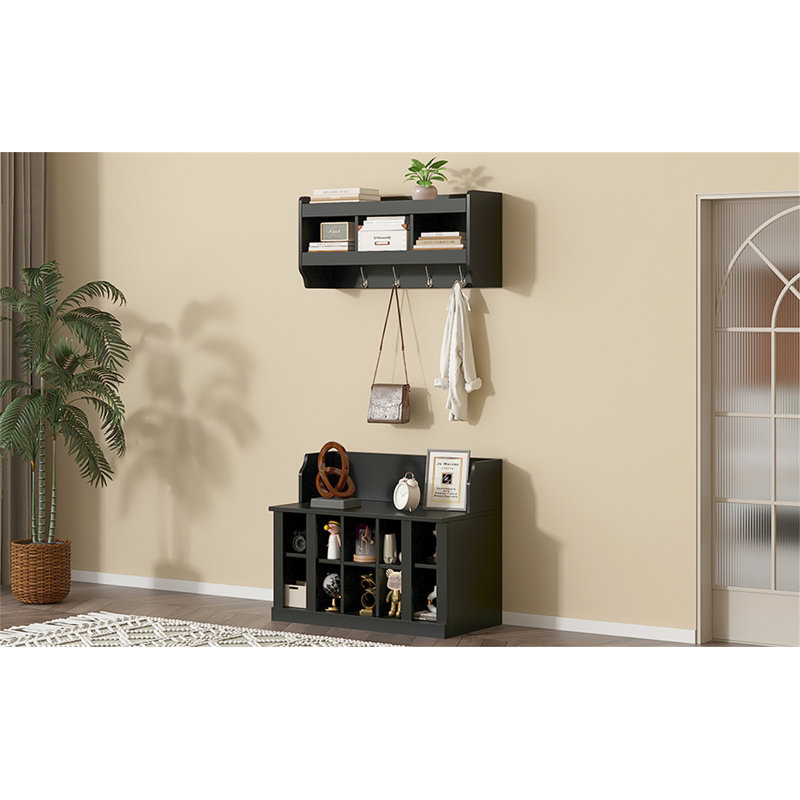 Banc de rangement pour chaussures avec tablettes et 4 crochets ON-TREND, Noir