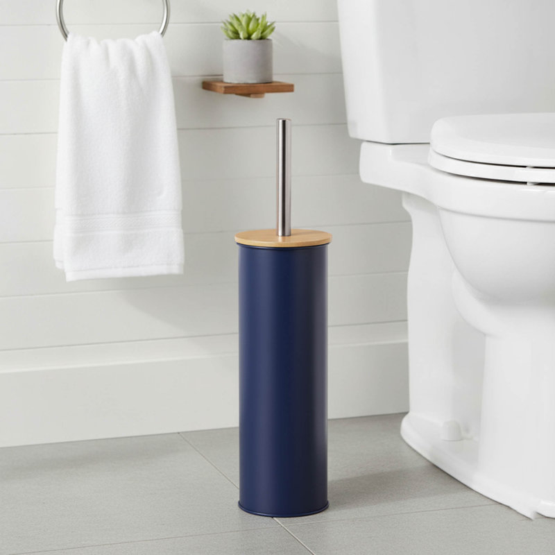 Ensemble de brosse et porte-toilette en métal avec couvercle en bambou, Marine
