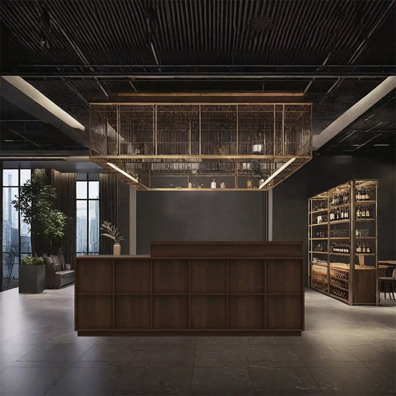 Bar Counter with Open Storage, Lockable Drawers, and Wine Glass Rack – No Assembly Required, Brown