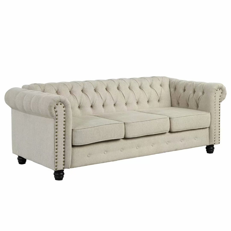 Canapé Chesterfield à accoudoirs roulés 80 po Abdulhameed, Mélange de lin beige